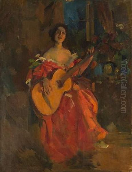 Lady With A Guitar Oil Painting by Konstantin Alexeievitch Korovin