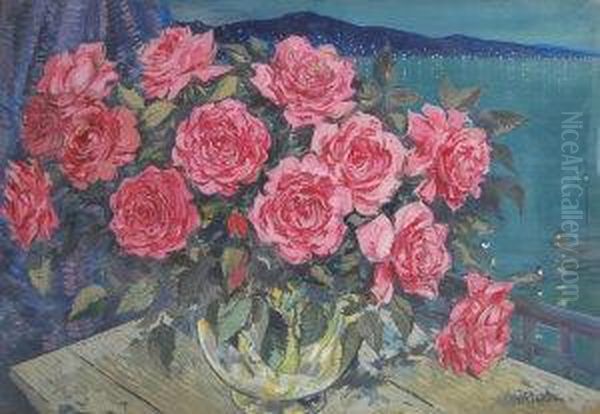 Roses In A Vase Against A Moonlitcoast Oil Painting by Konstantin Alexeievitch Korovin