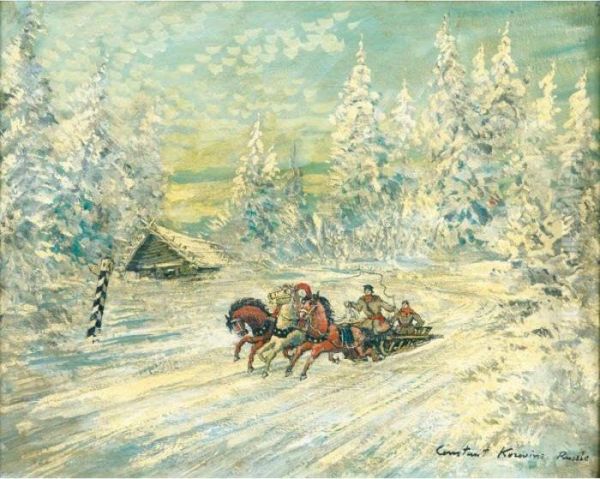 Troika Dans La Neige Oil Painting by Konstantin Alexeievitch Korovin