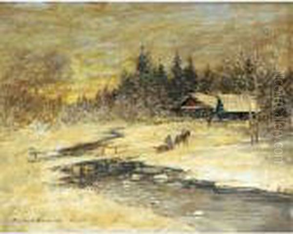 Traineau Passant Sur Un Pont Au Soleil Couchant Oil Painting by Konstantin Alexeievitch Korovin