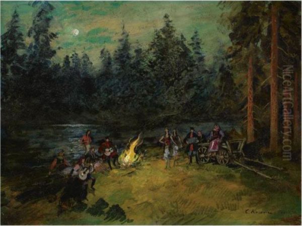 Around The Campfire Oil Painting by Konstantin Alexeievitch Korovin