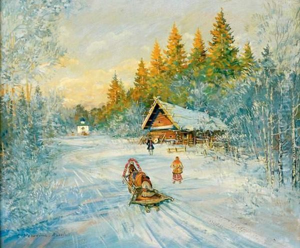 Traineau Dans La Foret Enneigee Oil Painting by Konstantin Alexeievitch Korovin