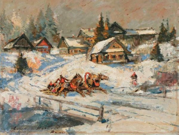 Troika Dans La Neige Oil Painting by Konstantin Alexeievitch Korovin