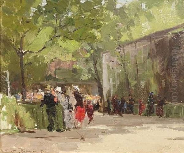 A Summer Day In The Zoo With 
Numerous Visitors At The Vivariums. Oil/cardboard, Signed And Inscribed 
