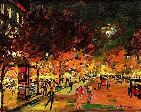 Scene De Rue La Nuit A Paris Oil Painting by Konstantin Alexeievitch Korovin