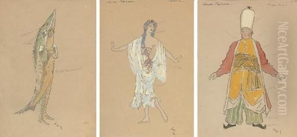 Three Costume Designs For 
Konek Gorbunok [the Little Humpbacked Horse] Oil Painting by Konstantin Alexeievitch Korovin