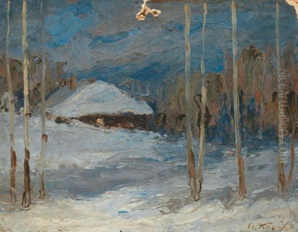 Isba Sous La Neige Le Soir Oil Painting by Konstantin Alexeievitch Korovin