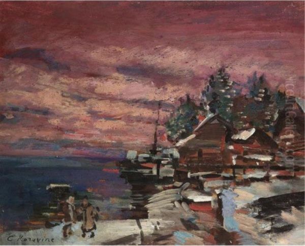 Village In Winter Oil Painting by Konstantin Alexeievitch Korovin