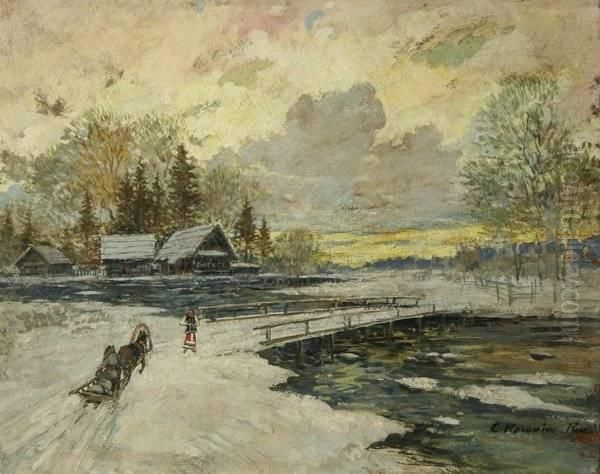 Winter Village With Horse Drawn Sled At Sunset Oil Painting by Konstantin Alexeievitch Korovin