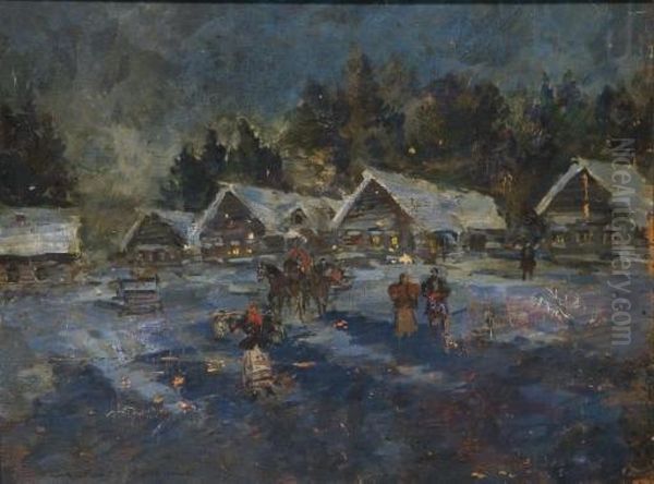 Village Sous La Neige Oil Painting by Konstantin Alexeievitch Korovin