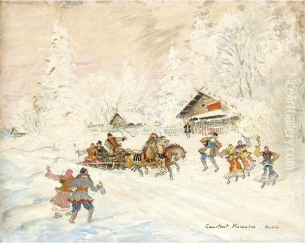 Russian Village In Winter Oil Painting by Konstantin Alexeievitch Korovin