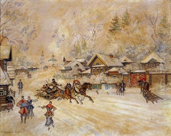 Winter In The Village Oil Painting by Konstantin Alexeievitch Korovin