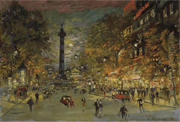 Place De La Bastille , Paris Oil Painting by Konstantin Alexeievitch Korovin