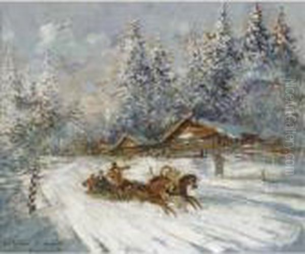 Troika Racing Through The Snow Oil Painting by Konstantin Alexeievitch Korovin