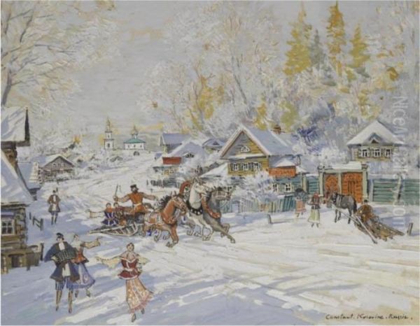 Sunny Winter Landscape With Troika Oil Painting by Konstantin Alexeievitch Korovin