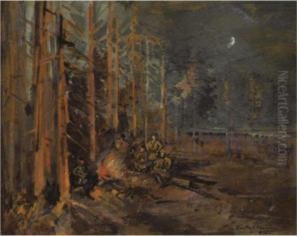 Soldiers Round The Forest Campfire Oil Painting by Konstantin Alexeievitch Korovin