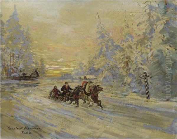 Winter Sunset With Troika Oil Painting by Konstantin Alexeievitch Korovin