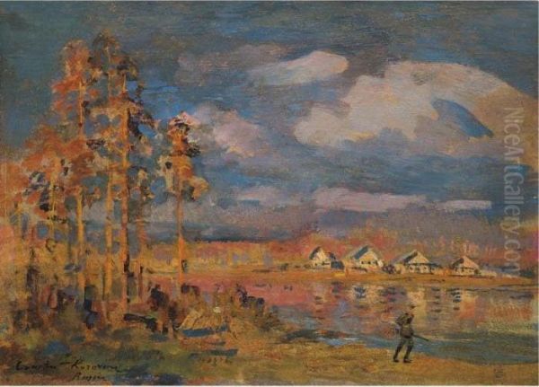 Huntsman By The River Oil Painting by Konstantin Alexeievitch Korovin