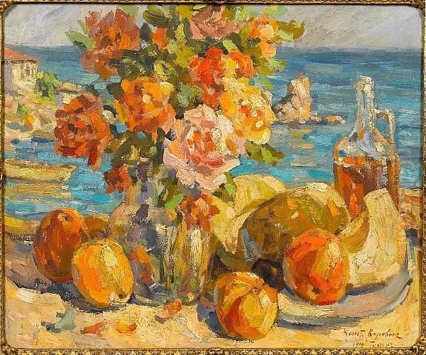 Still Life With Brightly-coloured Roses Oil Painting by Konstantin Alexeievitch Korovin