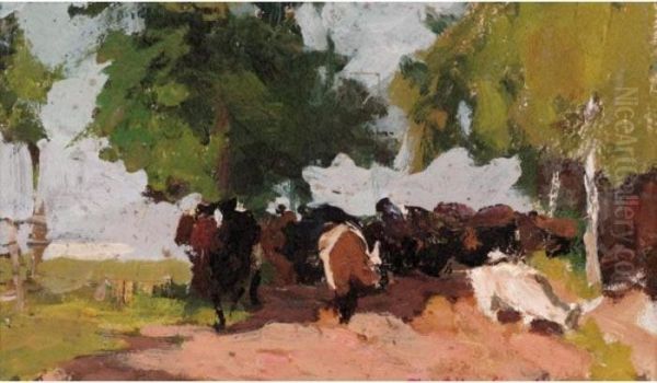 Cattle On A Track Oil Painting by Konstantin Alexeievitch Korovin