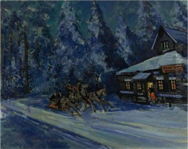 Racing Through The Village, Winter Oil Painting by Konstantin Alexeievitch Korovin