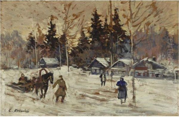 Sledding Through The Village Oil Painting by Konstantin Alexeievitch Korovin