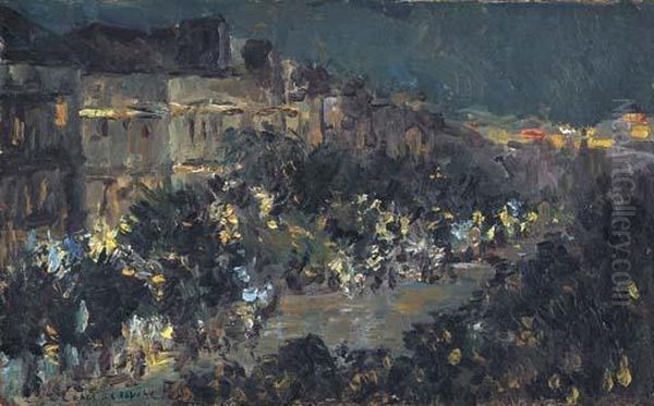 Paris At Night; Italian Boulevard Oil Painting by Konstantin Alexeievitch Korovin