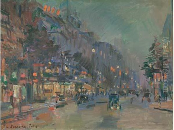 Les Boulevards La Nuit A Paris Oil Painting by Konstantin Alexeievitch Korovin