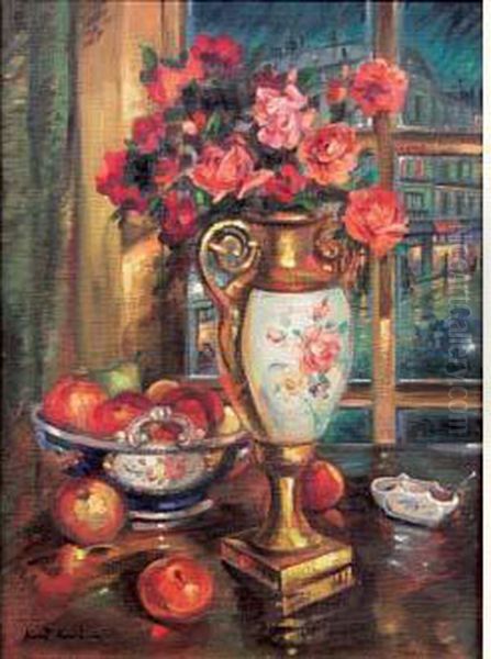 Bouquet De Roses Et Coupe De Fruits Oil Painting by Konstantin Alexeievitch Korovin