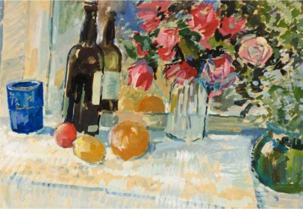 Still Life With Bottle Of Wine Oil Painting by Konstantin Alexeievitch Korovin