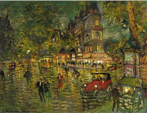 Paris Street Scene With Tram And Red Car Oil Painting by Konstantin Alexeievitch Korovin