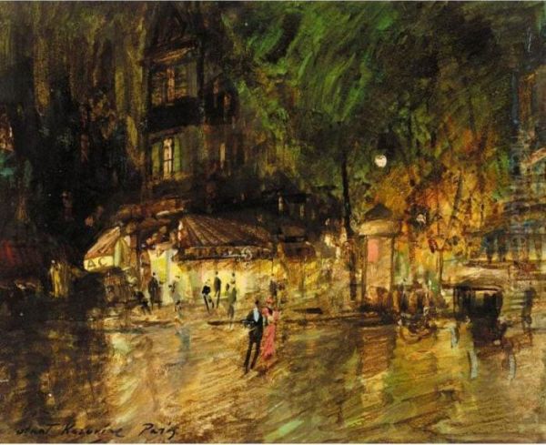 Sketch Of Paris By Night With Promenading Couple Oil Painting by Konstantin Alexeievitch Korovin