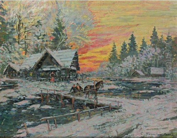 Riding Through The Village, Sunset Oil Painting by Konstantin Alexeievitch Korovin