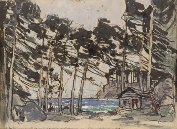 Stage Design Depicting A Wooded Landscape By The Sea Oil Painting by Konstantin Alexeievitch Korovin