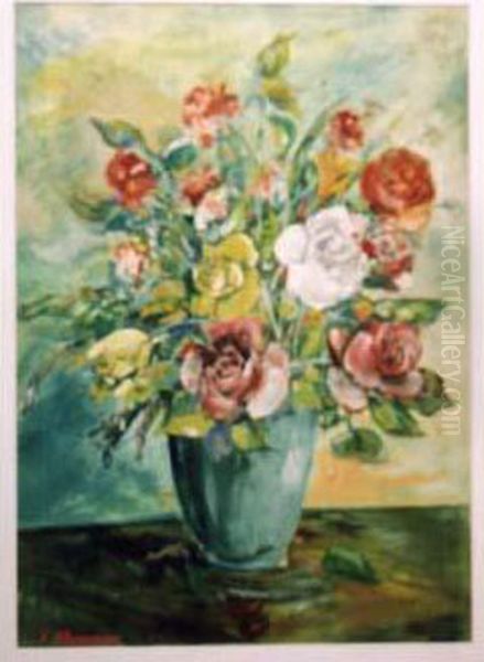 Roses Et Tulipes Dans Un Vase Vert Oil Painting by Konstantin Alexeievitch Korovin