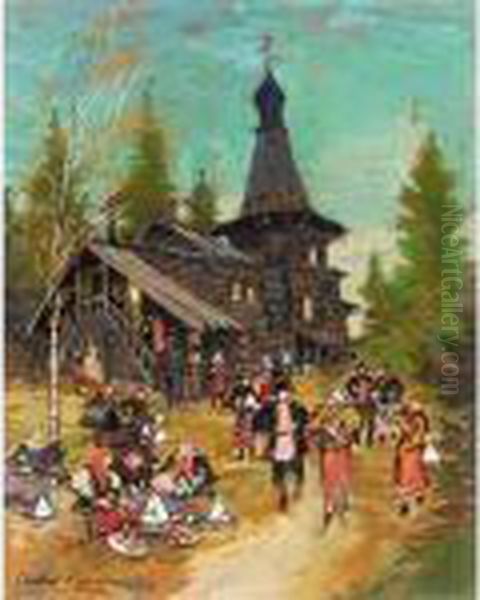 Easter Celebrations By The Village Church Oil Painting by Konstantin Alexeievitch Korovin