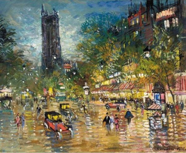 Paris Street Scene By Night Oil Painting by Konstantin Alexeievitch Korovin