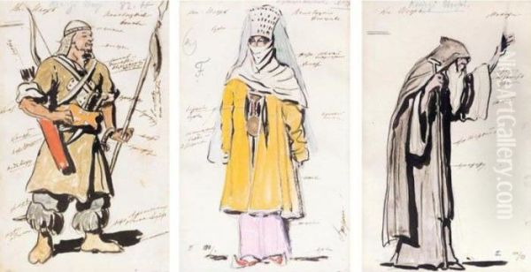 A Group Of Five Costume Designs For Prince Igor Oil Painting by Konstantin Alexeievitch Korovin