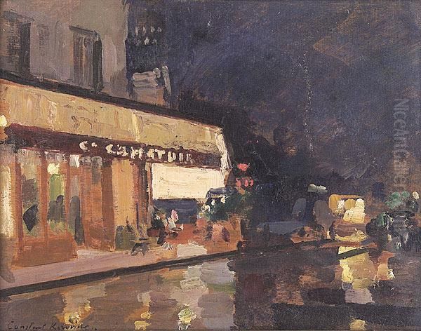 A Paris Evening Street Scene Oil Painting by Konstantin Alexeievitch Korovin