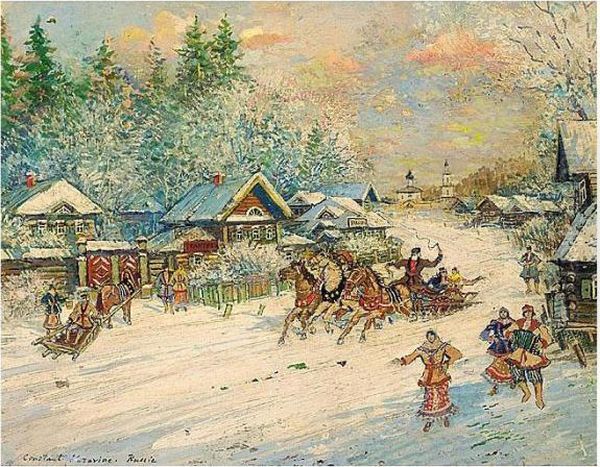 Troika Dashing Through The Snow Oil Painting by Konstantin Alexeievitch Korovin