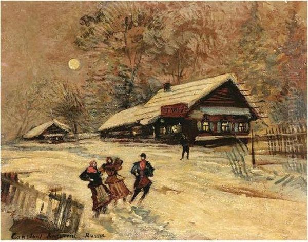 Merrymakers Outside The Traktir Oil Painting by Konstantin Alexeievitch Korovin