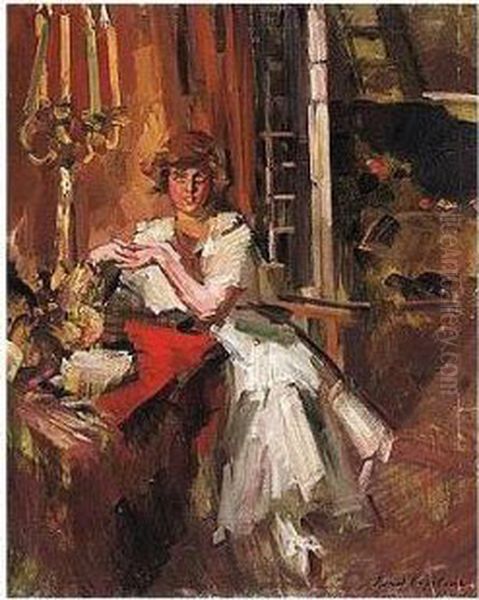 Young Girl In An Interior Oil Painting by Konstantin Alexeievitch Korovin