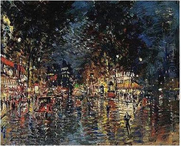 Nocturnal View Of Paris, C. 1930 Oil Painting by Konstantin Alexeievitch Korovin