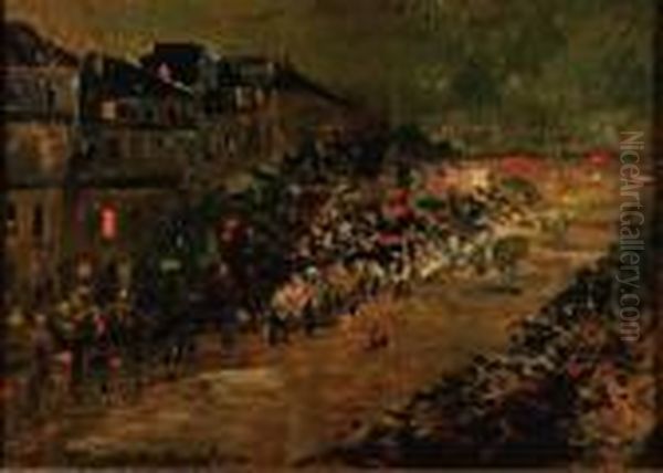 Paris By Night - Boulevard Des Italiens Oil Painting by Konstantin Alexeievitch Korovin