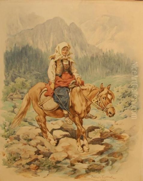 Woman Riding On Horseback Through The Mountains Oil Painting by Juliusz Kossak