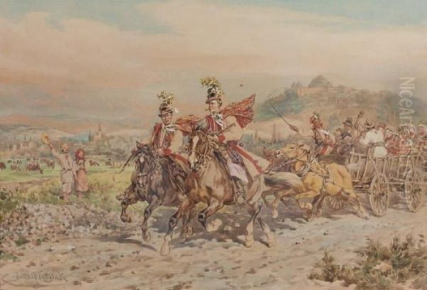 Defile De Militaires Dans La Campagne Oil Painting by Juliusz Kossak