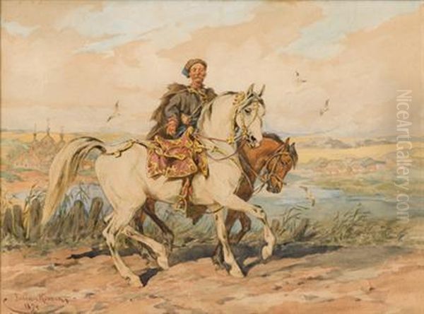 A Polish Cavalryman Near Lwow Oil Painting by Juliusz Kossak