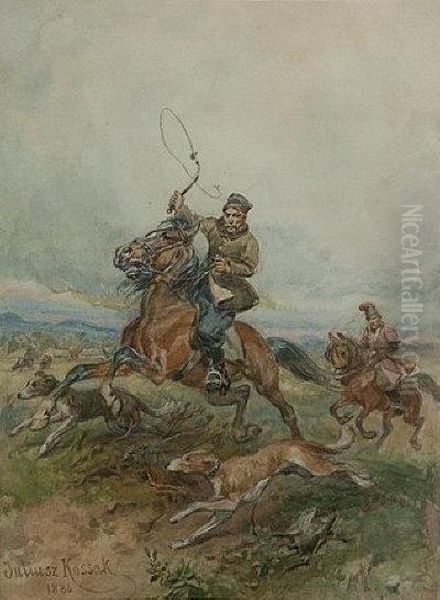 Horsemen Hunting With Dogs. Oil Painting by Juliusz Kossak