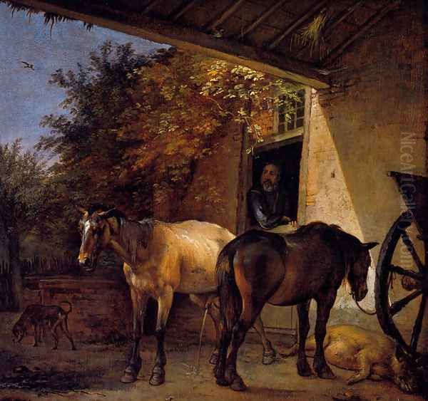 A Barnyard With Two Plough Horses Oil Painting by Paulus Potter