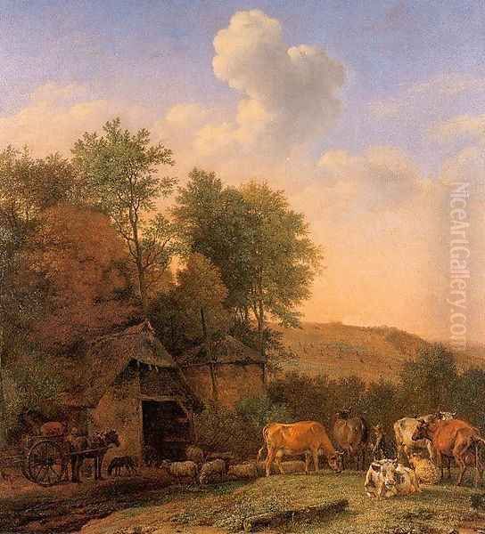 A Landscape with Cows, Sheep, and Horses by a Barn 1651 Oil Painting by Paulus Potter